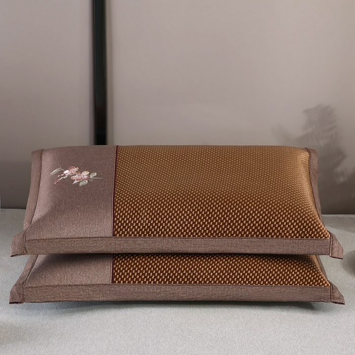 91家纺网 家纺一手货源 找家纺 小牛席业 2026新款冰藤夏凉枕套【中式刺绣】 大冰藤咖色