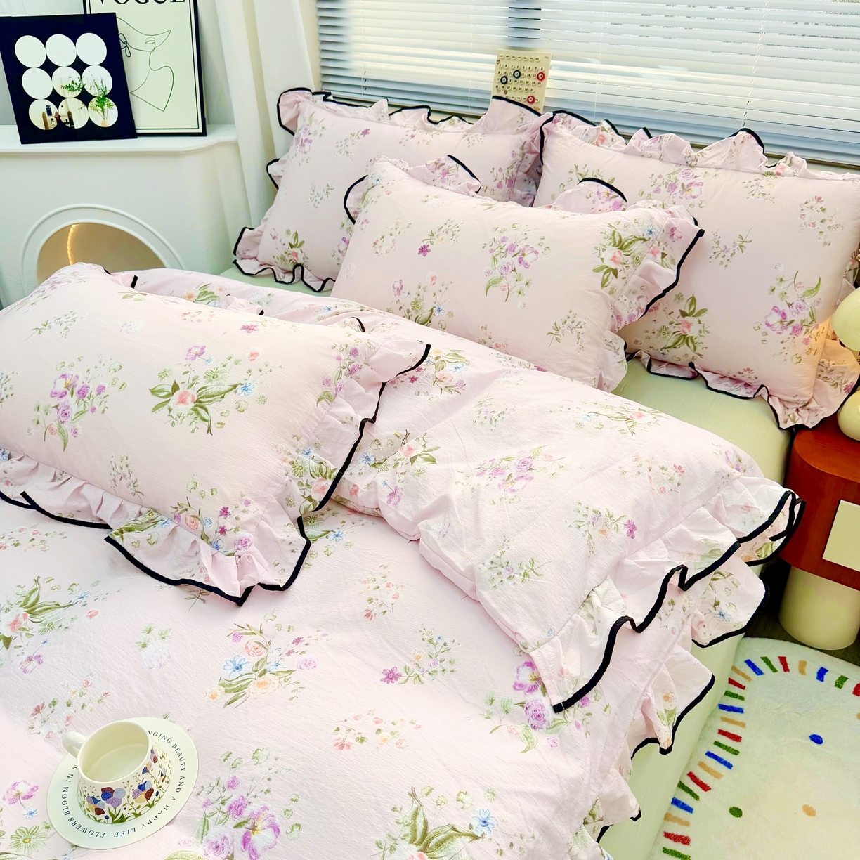 91家纺网 家纺一手货源 找家纺 九诺家纺 2026新款秋冬加厚磨毛床单四件套 紫薇花