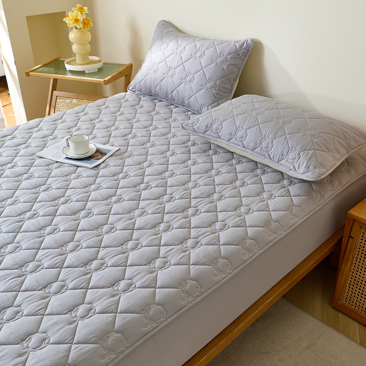 91家纺网 家纺一手货源 找家纺 彩亿家纺 2026新款A类纯棉夹棉床笠三件套全包防滑床垫保护套-棉花 棉花-玄铁灰