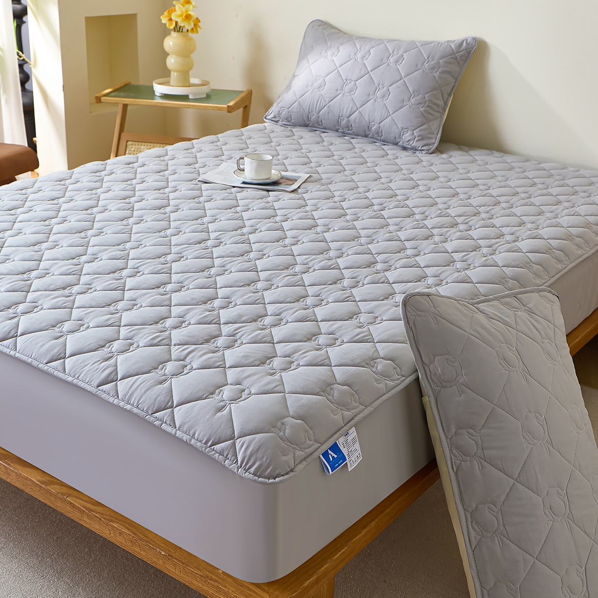 91家纺网 家纺一手货源 找家纺 彩亿家纺 2026新款A类纯棉夹棉床笠三件套全包防滑床垫保护套-棉花 棉花-玄铁灰