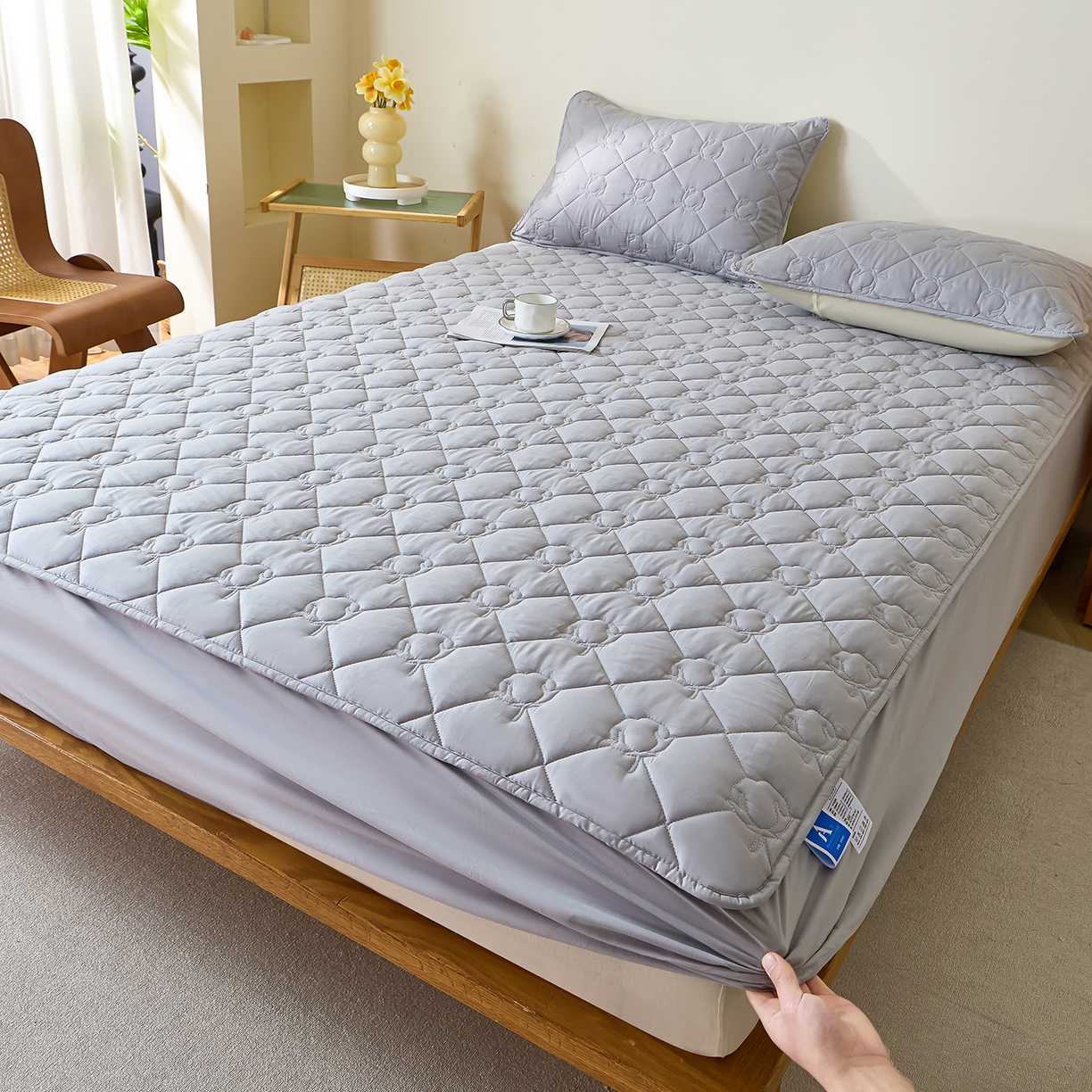 91家纺网 家纺一手货源 找家纺 彩亿家纺 2026新款A类纯棉夹棉床笠三件套全包防滑床垫保护套-棉花 棉花-玄铁灰