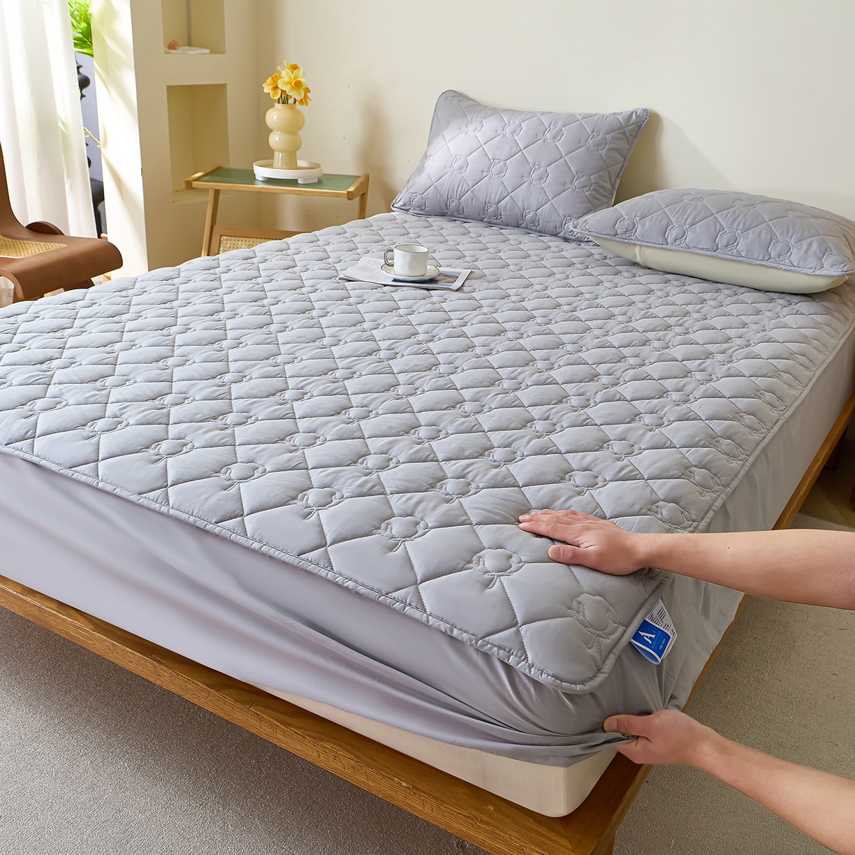 91家纺网 家纺一手货源 找家纺 彩亿家纺 2026新款A类纯棉夹棉床笠三件套全包防滑床垫保护套-棉花 棉花-玄铁灰