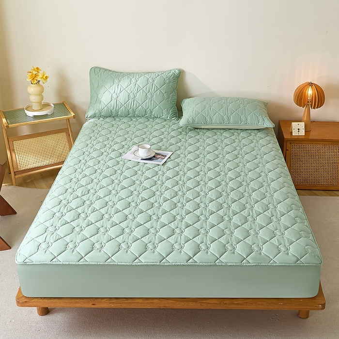 彩亿家纺 2026新款A类纯棉夹棉床笠三件套全包防滑床垫保护套-棉花 棉花-青草绿