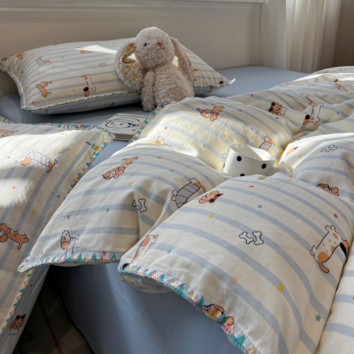 91家纺网 家纺一手货源 找家纺 （总）忆生活家纺 2026新款A类全棉有氧双层纱亲肤纯棉贝壳边三角针四件套