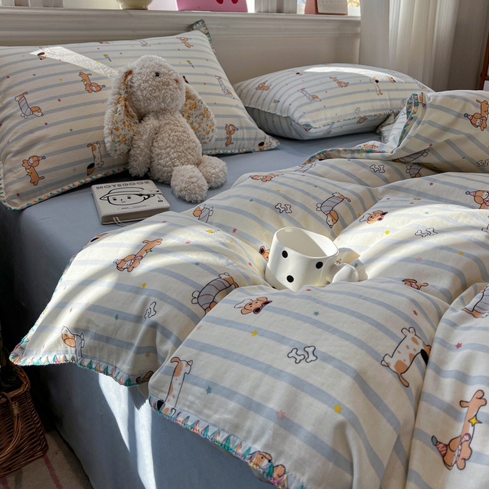 91家纺网 家纺一手货源 找家纺 （总）忆生活家纺 2026新款A类全棉有氧双层纱亲肤纯棉贝壳边三角针四件套