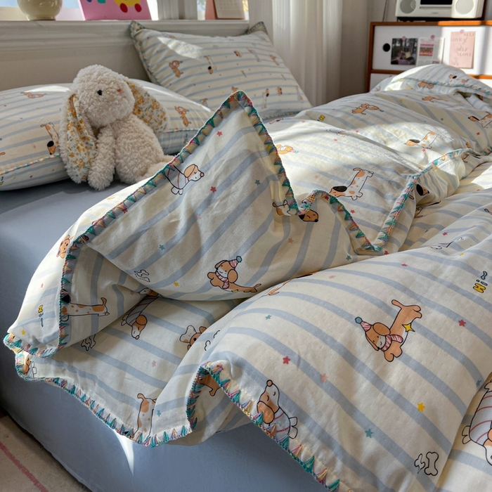 91家纺网 家纺一手货源 找家纺 （总）忆生活家纺 2026新款A类全棉有氧双层纱亲肤纯棉贝壳边三角针四件套