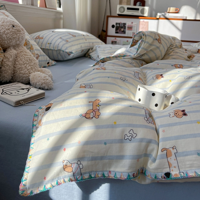 91家纺网 家纺一手货源 找家纺 （总）忆生活家纺 2026新款A类全棉有氧双层纱亲肤纯棉贝壳边三角针四件套