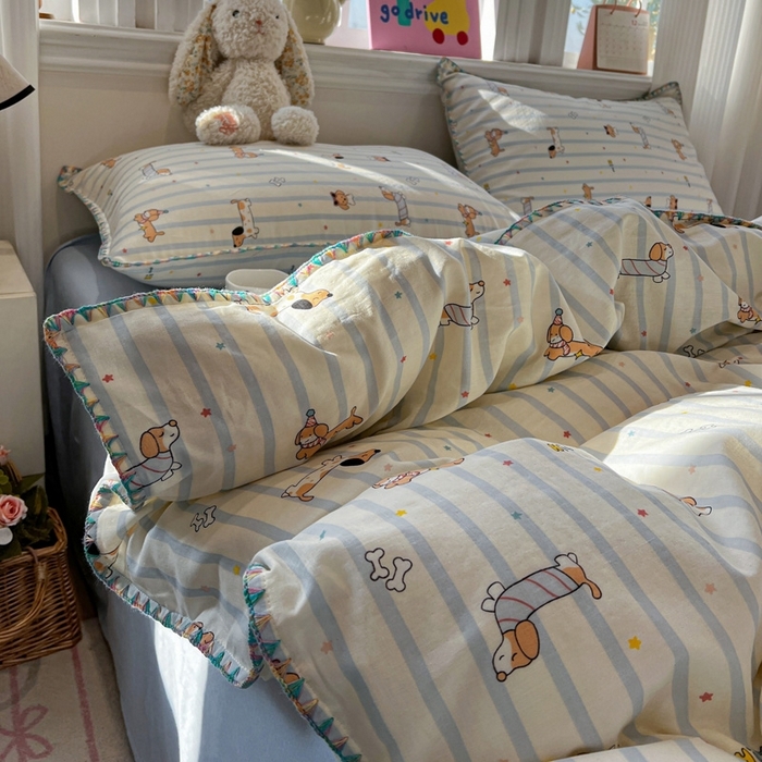 91家纺网 家纺一手货源 找家纺 （总）忆生活家纺 2026新款A类全棉有氧双层纱亲肤纯棉贝壳边三角针四件套