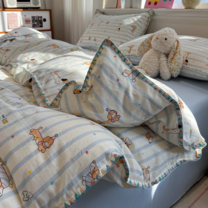 91家纺网 家纺一手货源 找家纺 （总）忆生活家纺 2026新款A类全棉有氧双层纱亲肤纯棉贝壳边三角针四件套