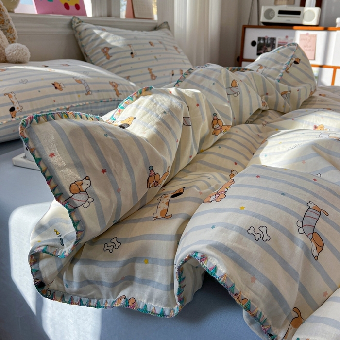 91家纺网 家纺一手货源 找家纺 （总）忆生活家纺 2026新款A类全棉有氧双层纱亲肤纯棉贝壳边三角针四件套