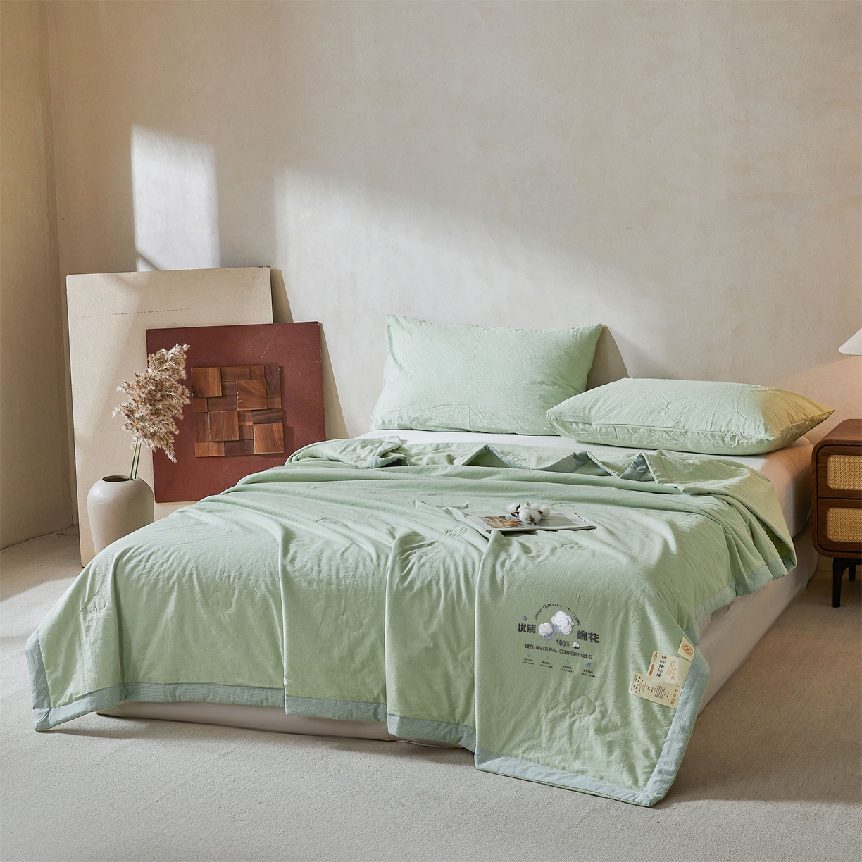 91家纺网 家纺一手货源 找家纺 招财星家纺 2026新款棉花夏被无印风纯色新疆棉夏凉被空调被棉花夏被棉花被子百分百新疆棉（含质检报告买家秀） 简雅-湖绿