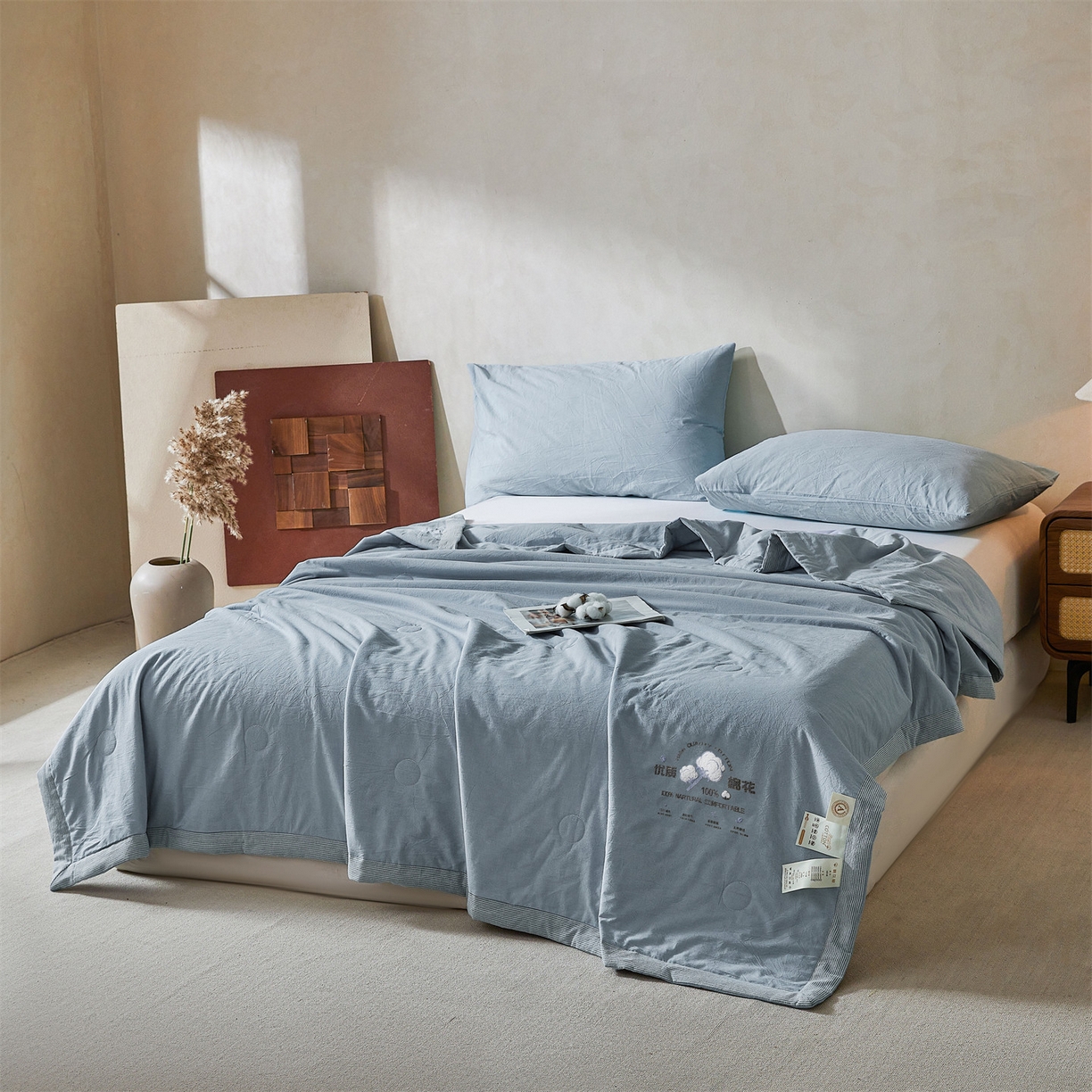 91家纺网 家纺一手货源 找家纺 招财星家纺 2026新款棉花夏被无印风纯色新疆棉夏凉被空调被棉花夏被棉花被子百分百新疆棉（含质检报告买家秀） 简雅-宾利蓝