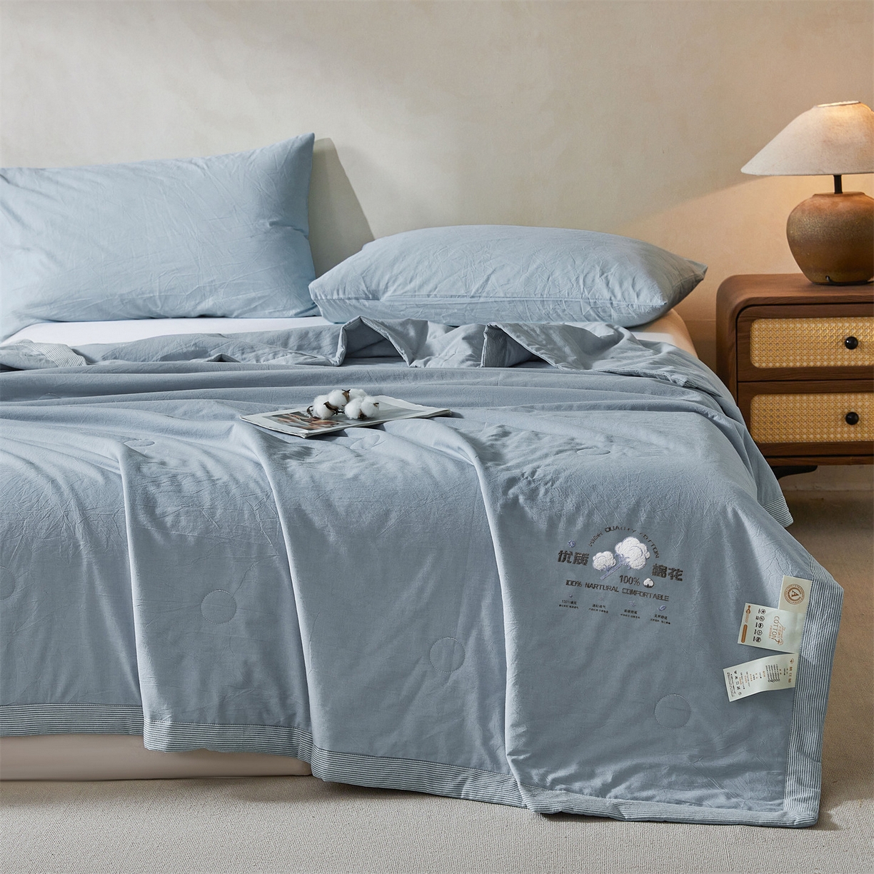 91家纺网 家纺一手货源 找家纺 招财星家纺 2026新款棉花夏被无印风纯色新疆棉夏凉被空调被棉花夏被棉花被子百分百新疆棉（含质检报告买家秀） 简雅-宾利蓝