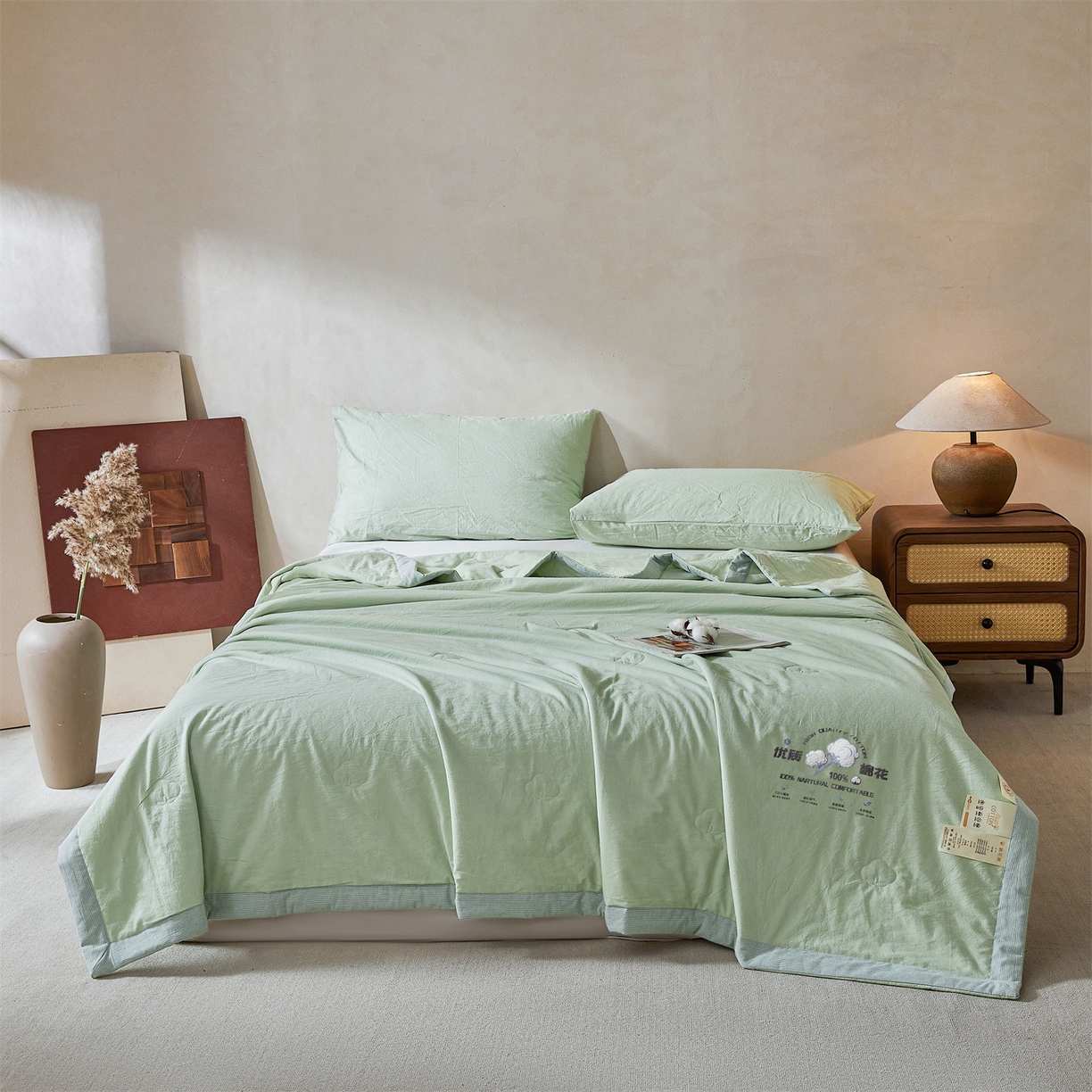 91家纺网 家纺一手货源 找家纺 招财星家纺 2026新款棉花夏被无印风纯色新疆棉夏凉被空调被棉花夏被棉花被子百分百新疆棉（含质检报告买家秀） 简雅-湖绿