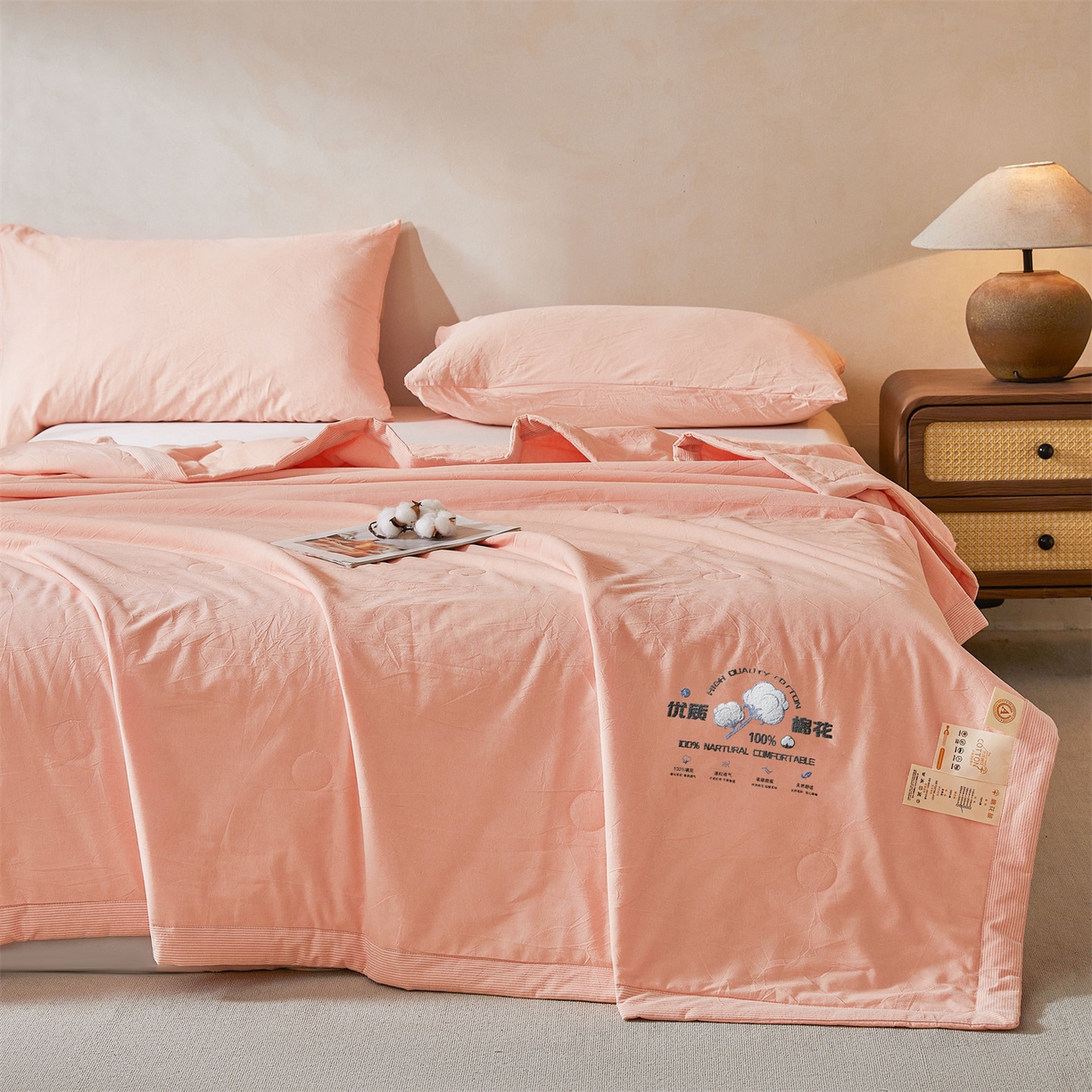 91家纺网 家纺一手货源 找家纺 招财星家纺 2026新款棉花夏被无印风纯色新疆棉夏凉被空调被棉花夏被棉花被子百分百新疆棉（含质检报告买家秀） 简雅-蜜桃粉
