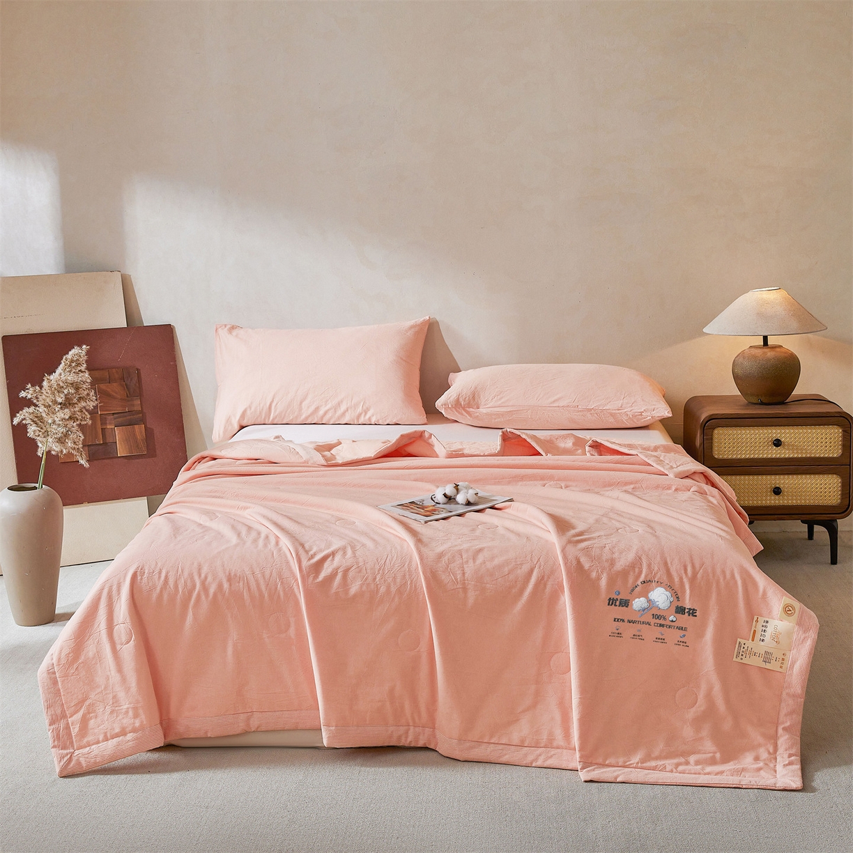 91家纺网 家纺一手货源 找家纺 招财星家纺 2026新款棉花夏被无印风纯色新疆棉夏凉被空调被棉花夏被棉花被子百分百新疆棉（含质检报告买家秀） 简雅-蜜桃粉