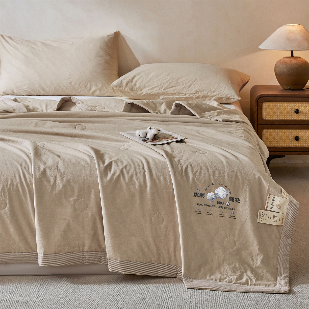 91家纺网 家纺一手货源 找家纺 招财星家纺 2026新款棉花夏被无印风纯色新疆棉夏凉被空调被棉花夏被棉花被子百分百新疆棉（含质检报告买家秀） 简雅-浅卡其