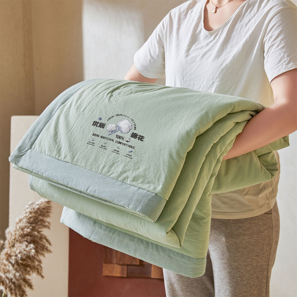 91家纺网 家纺一手货源 找家纺 招财星家纺 2026新款棉花夏被无印风纯色新疆棉夏凉被空调被棉花夏被棉花被子百分百新疆棉（含质检报告买家秀） 简雅-湖绿
