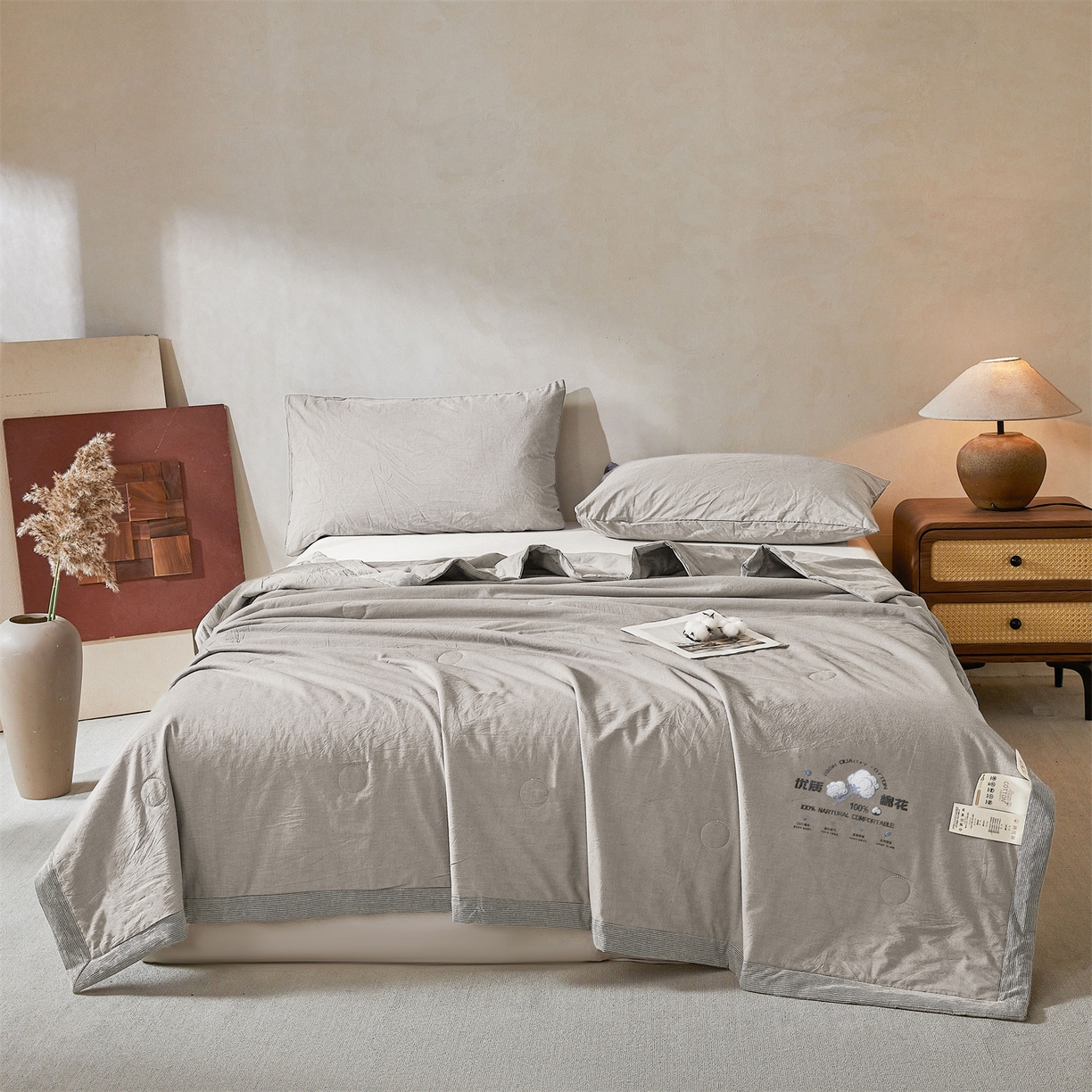 91家纺网 家纺一手货源 找家纺 招财星家纺 2026新款棉花夏被无印风纯色新疆棉夏凉被空调被棉花夏被棉花被子百分百新疆棉（含质检报告买家秀） 简雅-中灰