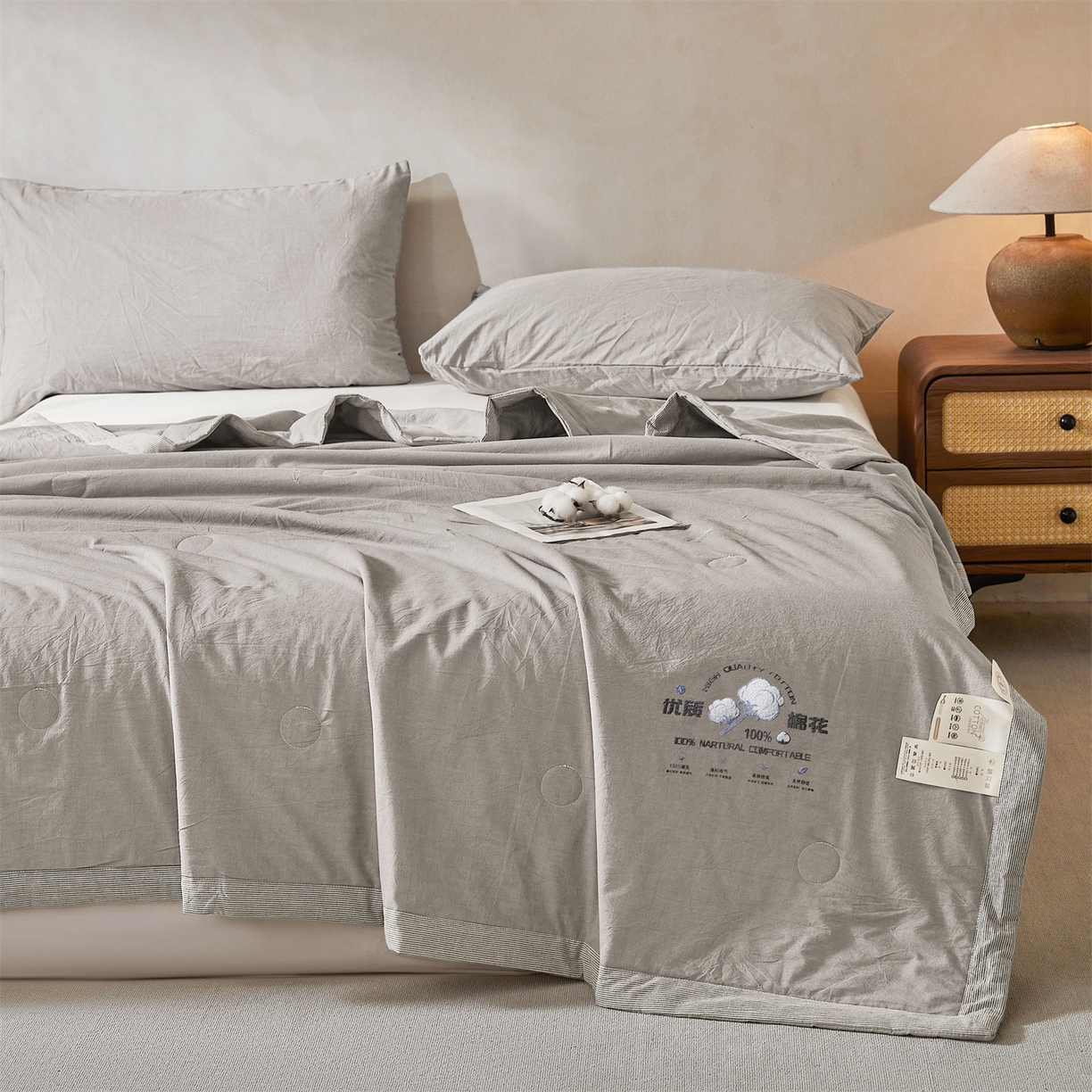 91家纺网 家纺一手货源 找家纺 招财星家纺 2026新款棉花夏被无印风纯色新疆棉夏凉被空调被棉花夏被棉花被子百分百新疆棉（含质检报告买家秀） 简雅-中灰