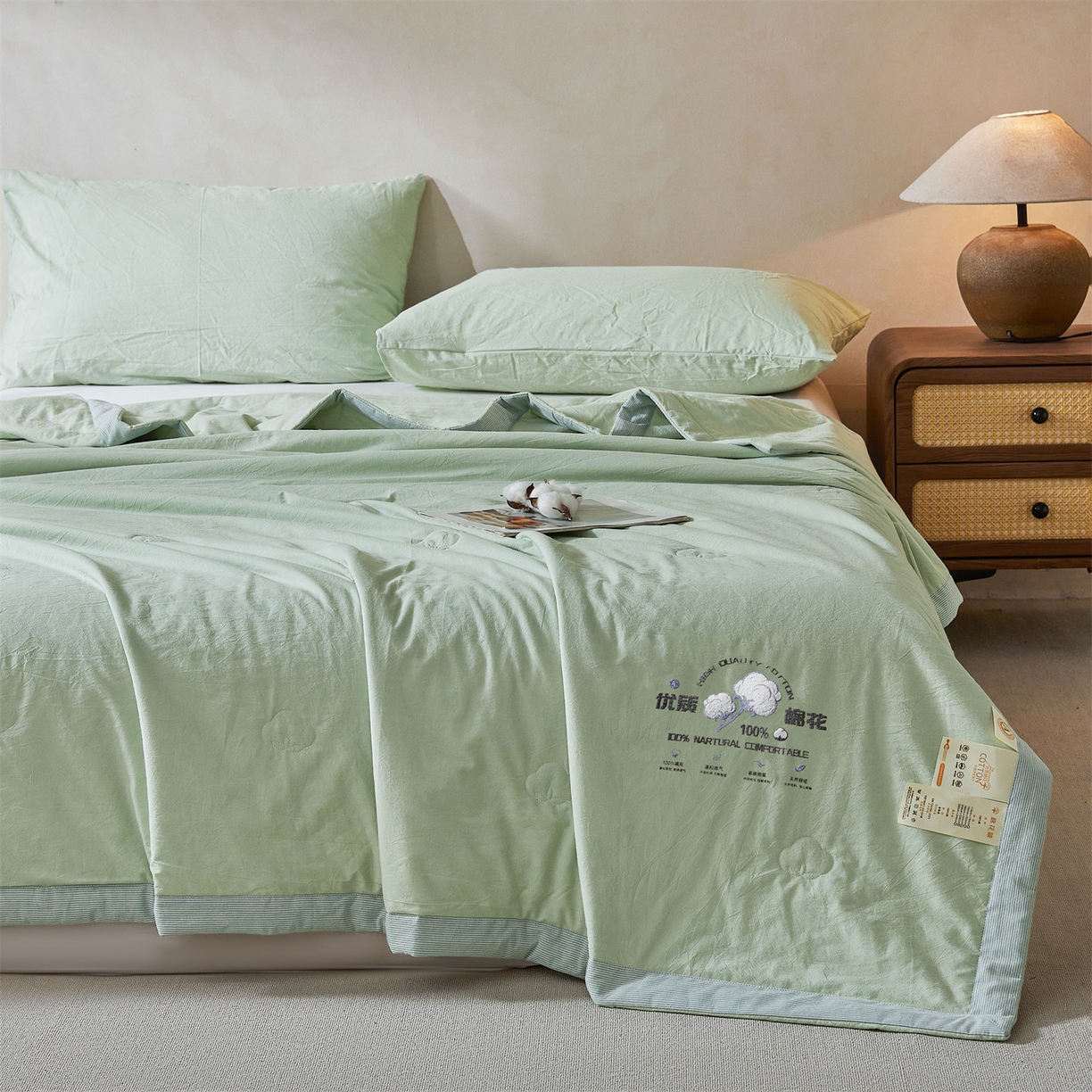 91家纺网 家纺一手货源 找家纺 招财星家纺 2026新款棉花夏被无印风纯色新疆棉夏凉被空调被棉花夏被棉花被子百分百新疆棉（含质检报告买家秀） 简雅-湖绿