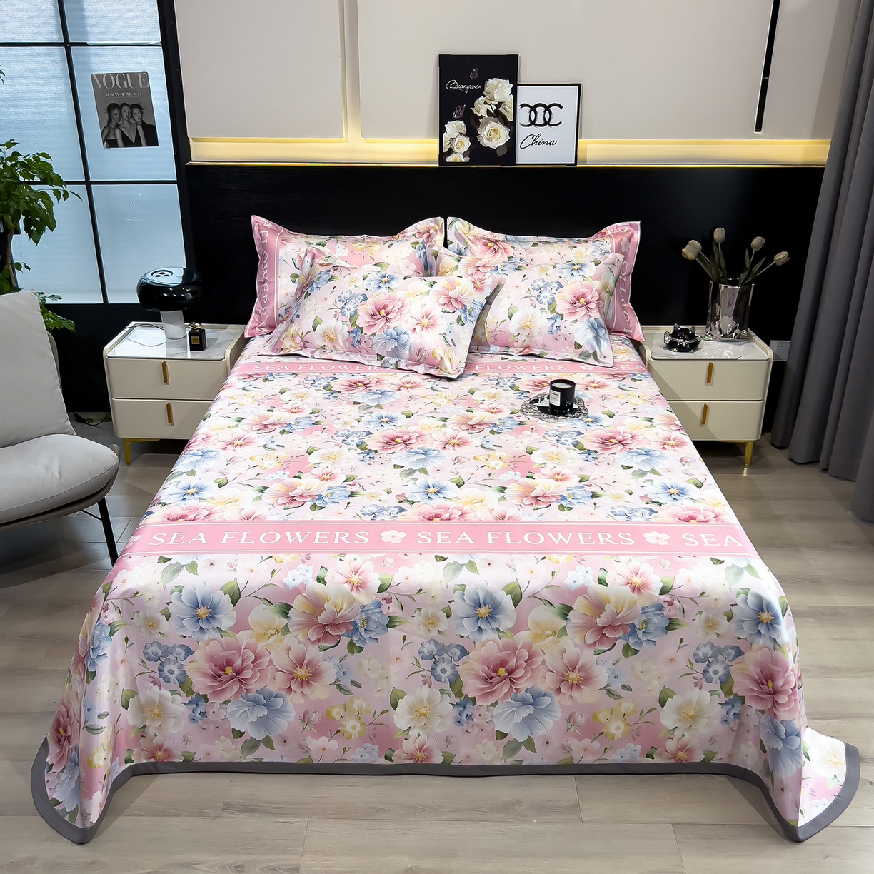 91家纺网 家纺一手货源 找家纺 许林 2026新款冰丝凉席床单款凉席三件套 玫瑰佳人,玫瑰佳人