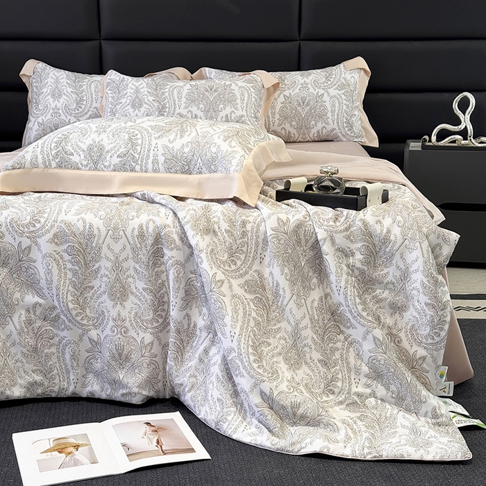 91家纺网 家纺一手货源 找家纺 宜家坊 2026春夏新款莱赛尔天丝夏被嵌绳款数码印花单夏被夏被四件套 风止弦