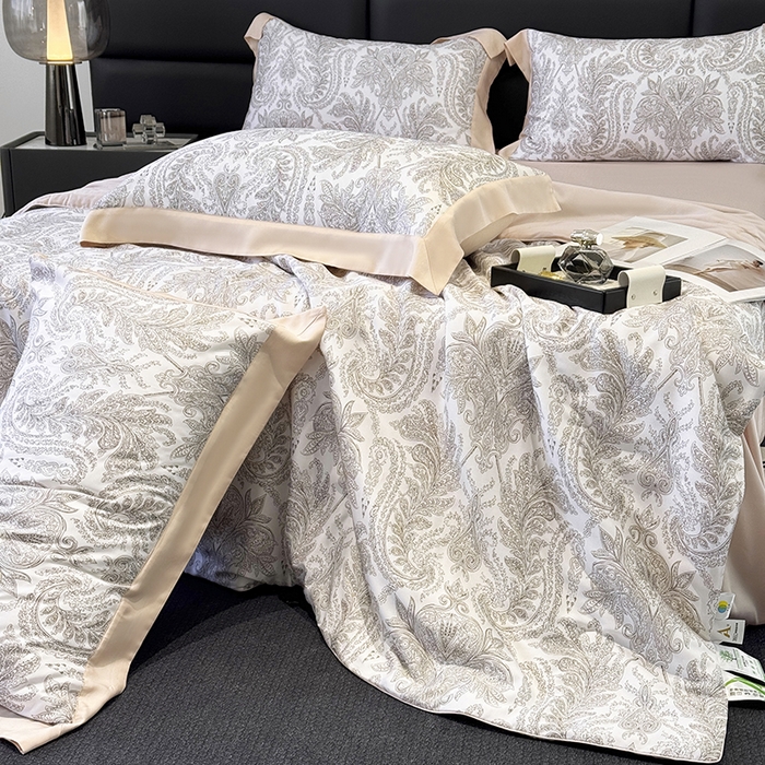 91家纺网 家纺一手货源 找家纺 宜家坊 2026春夏新款莱赛尔天丝夏被嵌绳款数码印花单夏被夏被四件套 风止弦