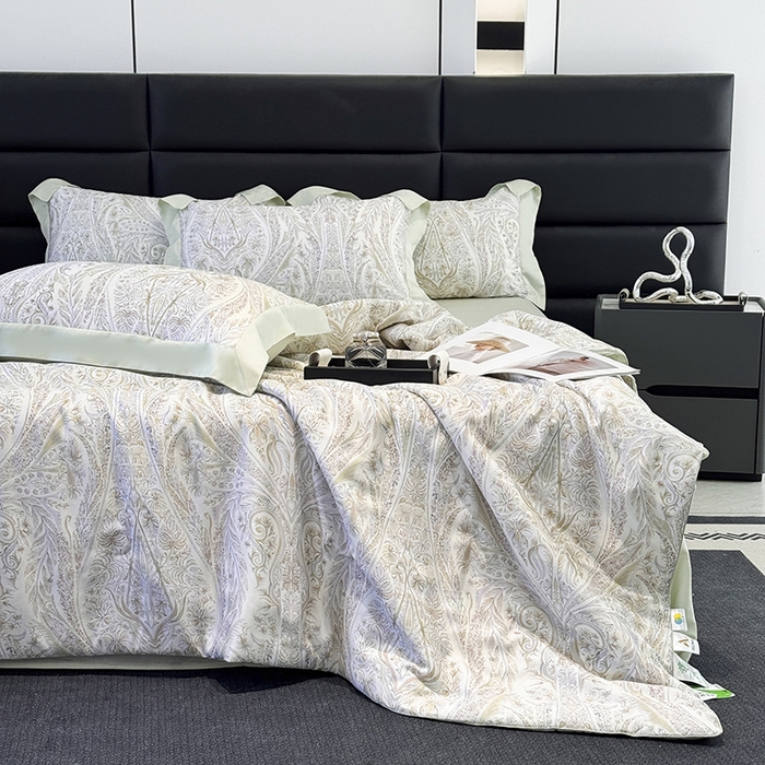 91家纺网 家纺一手货源 找家纺 宜家坊 2026春夏新款莱赛尔天丝夏被嵌绳款数码印花单夏被夏被四件套 莉格西塔