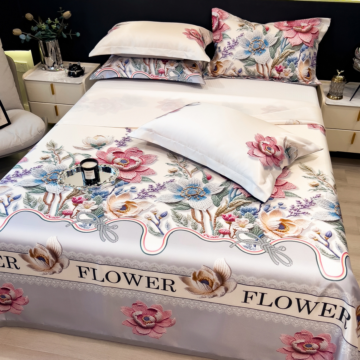 91家纺网 家纺一手货源 找家纺 许林 2026新款冰丝凉席床单款凉席三件套 橙意