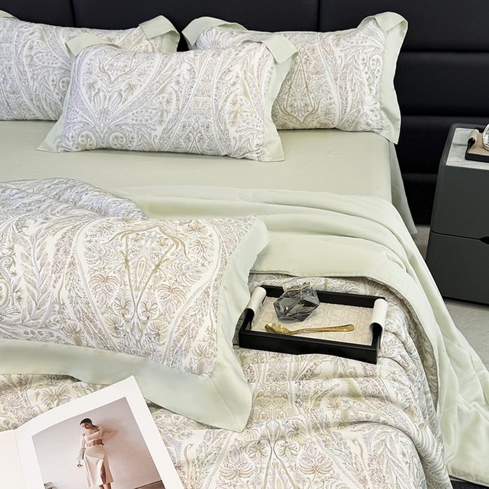 91家纺网 家纺一手货源 找家纺 宜家坊 2026春夏新款莱赛尔天丝夏被嵌绳款数码印花单夏被夏被四件套 莉格西塔