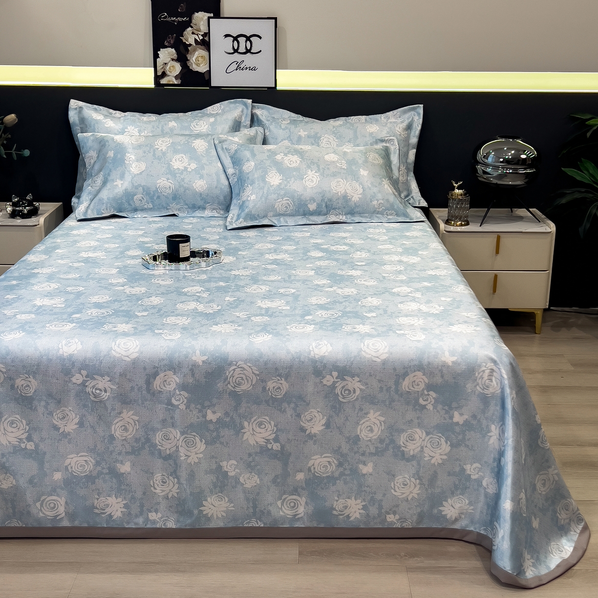 91家纺网 家纺一手货源 找家纺 许林 2026新款冰丝凉席床单款凉席三件套 初墨