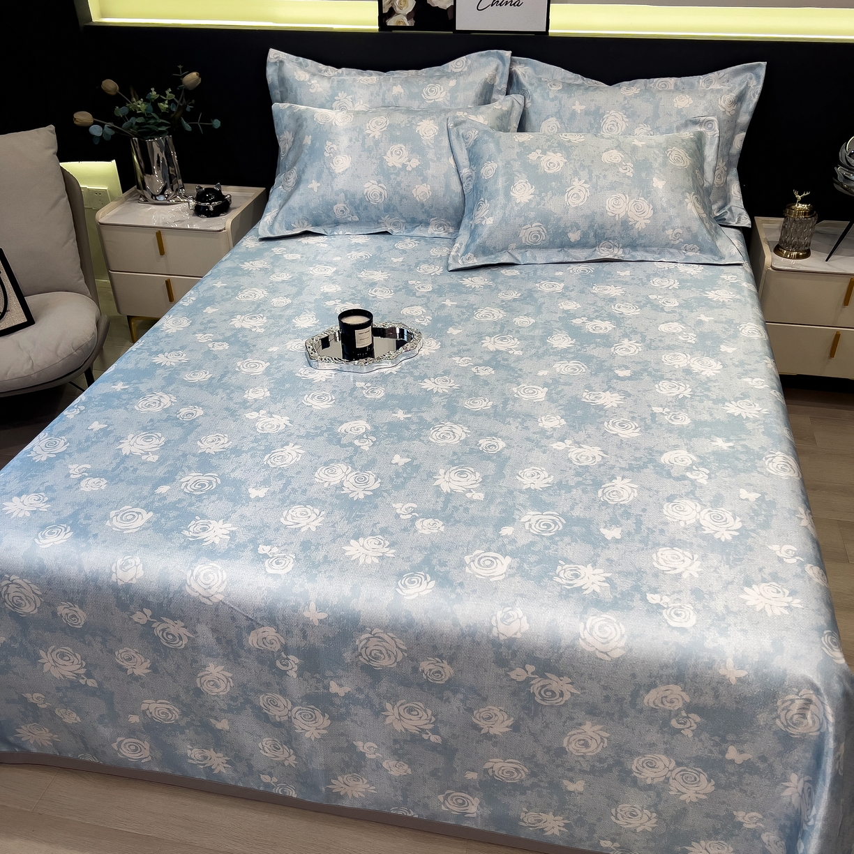 91家纺网 家纺一手货源 找家纺 许林 2026新款冰丝凉席床单款凉席三件套 初墨