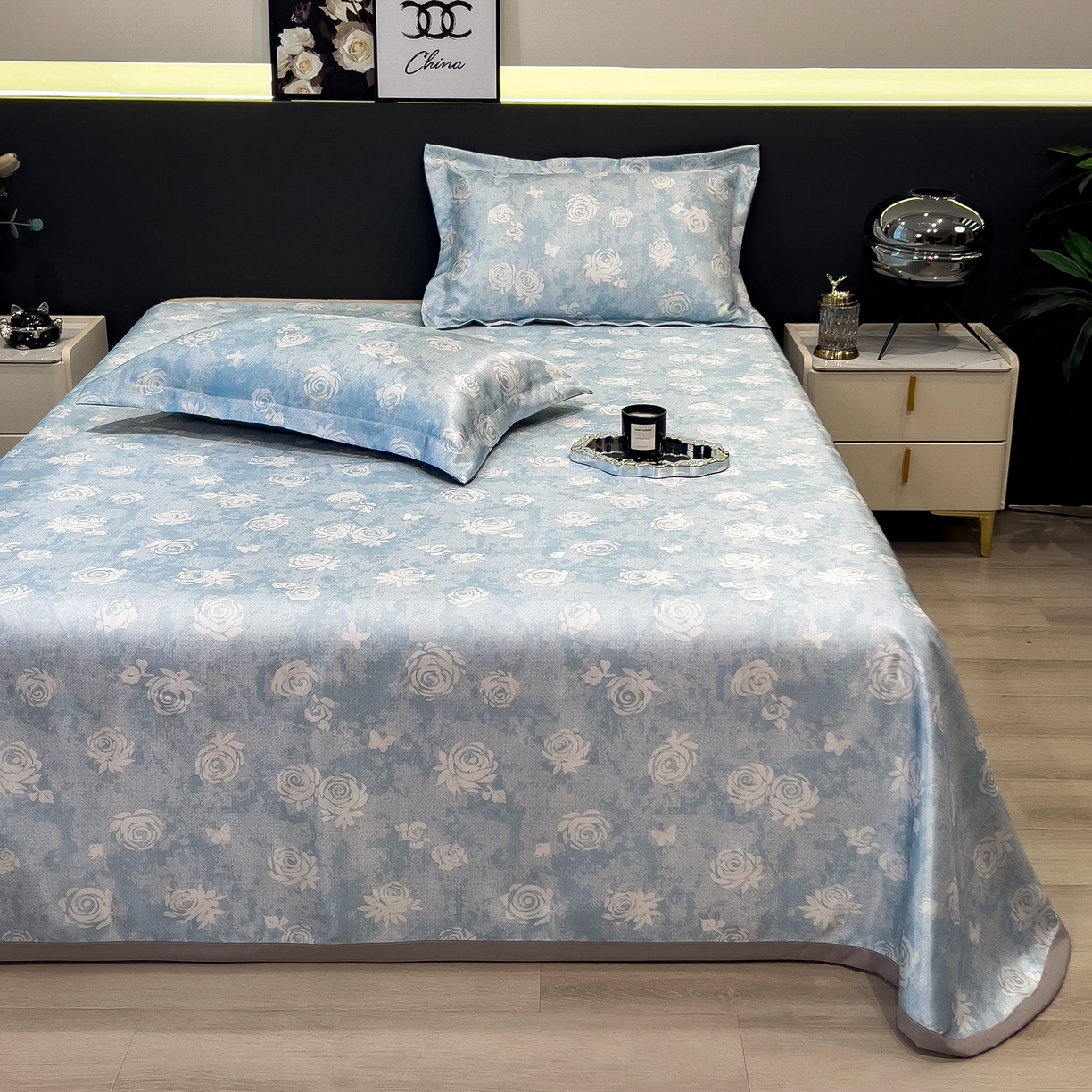 91家纺网 家纺一手货源 找家纺 许林 2026新款冰丝凉席床单款凉席三件套 初墨