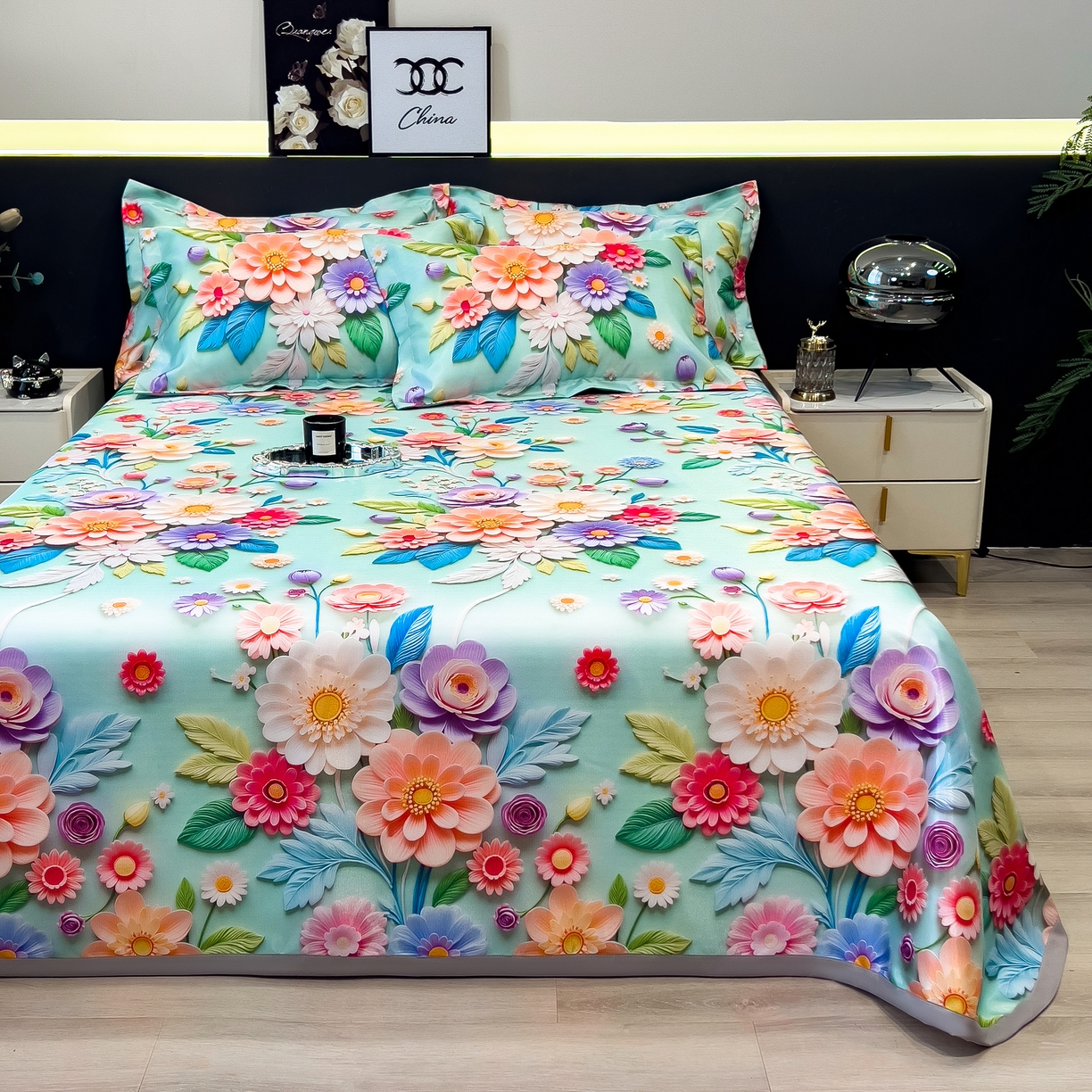 91家纺网 家纺一手货源 找家纺 许林 2026新款冰丝凉席床单款凉席三件套 春生物