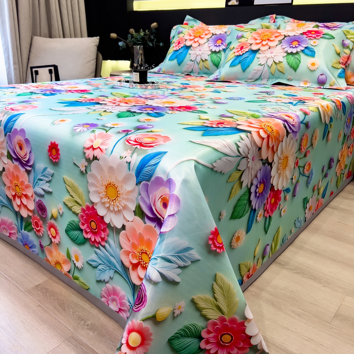 91家纺网 家纺一手货源 找家纺 许林 2026新款冰丝凉席床单款凉席三件套 春生物