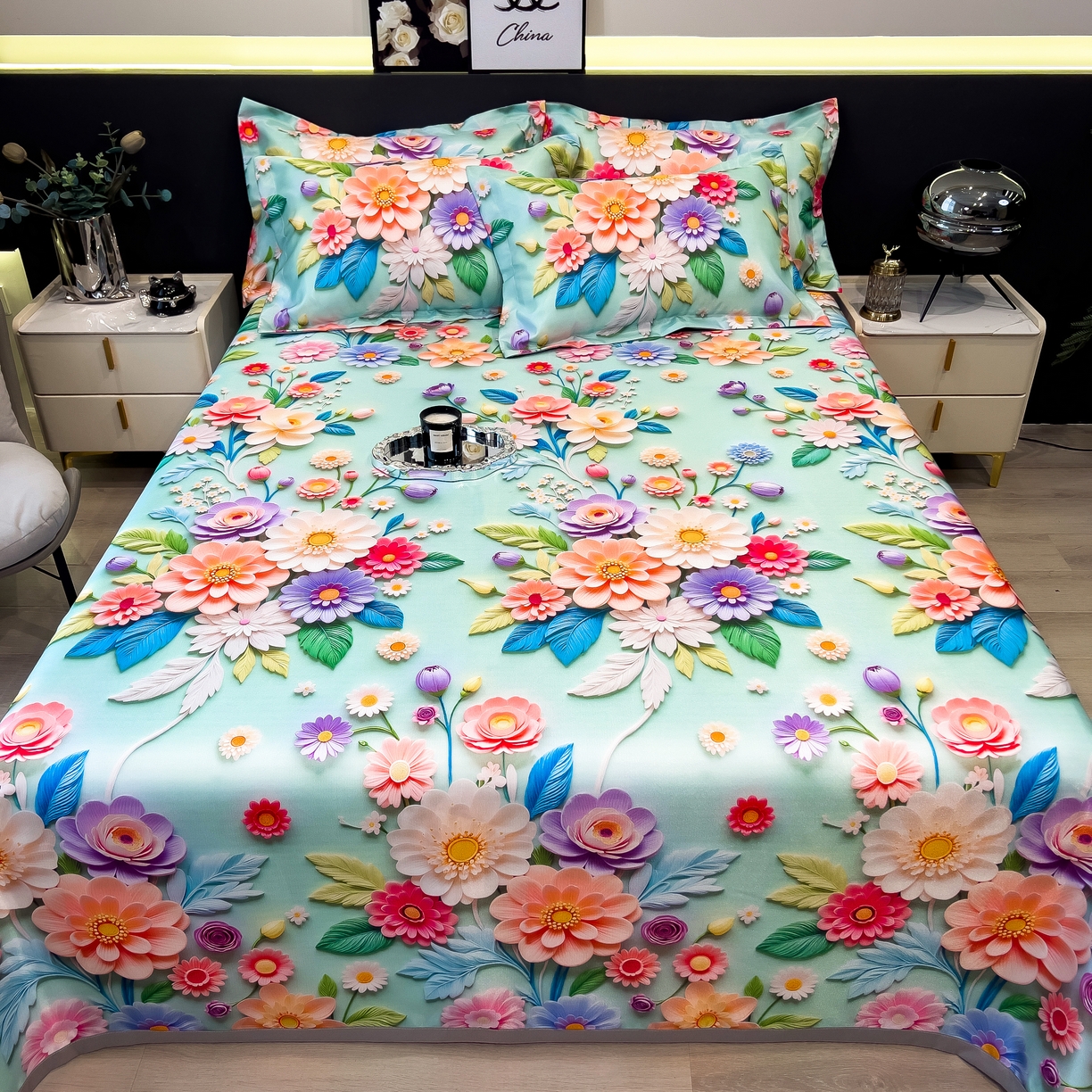 91家纺网 家纺一手货源 找家纺 许林 2026新款冰丝凉席床单款凉席三件套 春生物