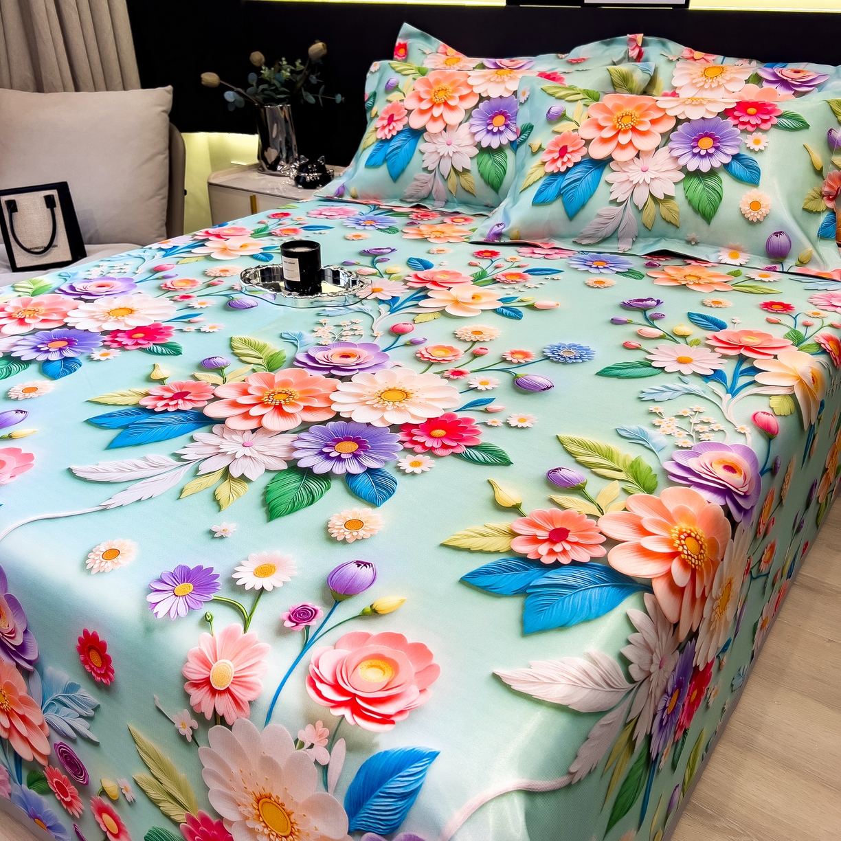 91家纺网 家纺一手货源 找家纺 许林 2026新款冰丝凉席床单款凉席三件套 春生物