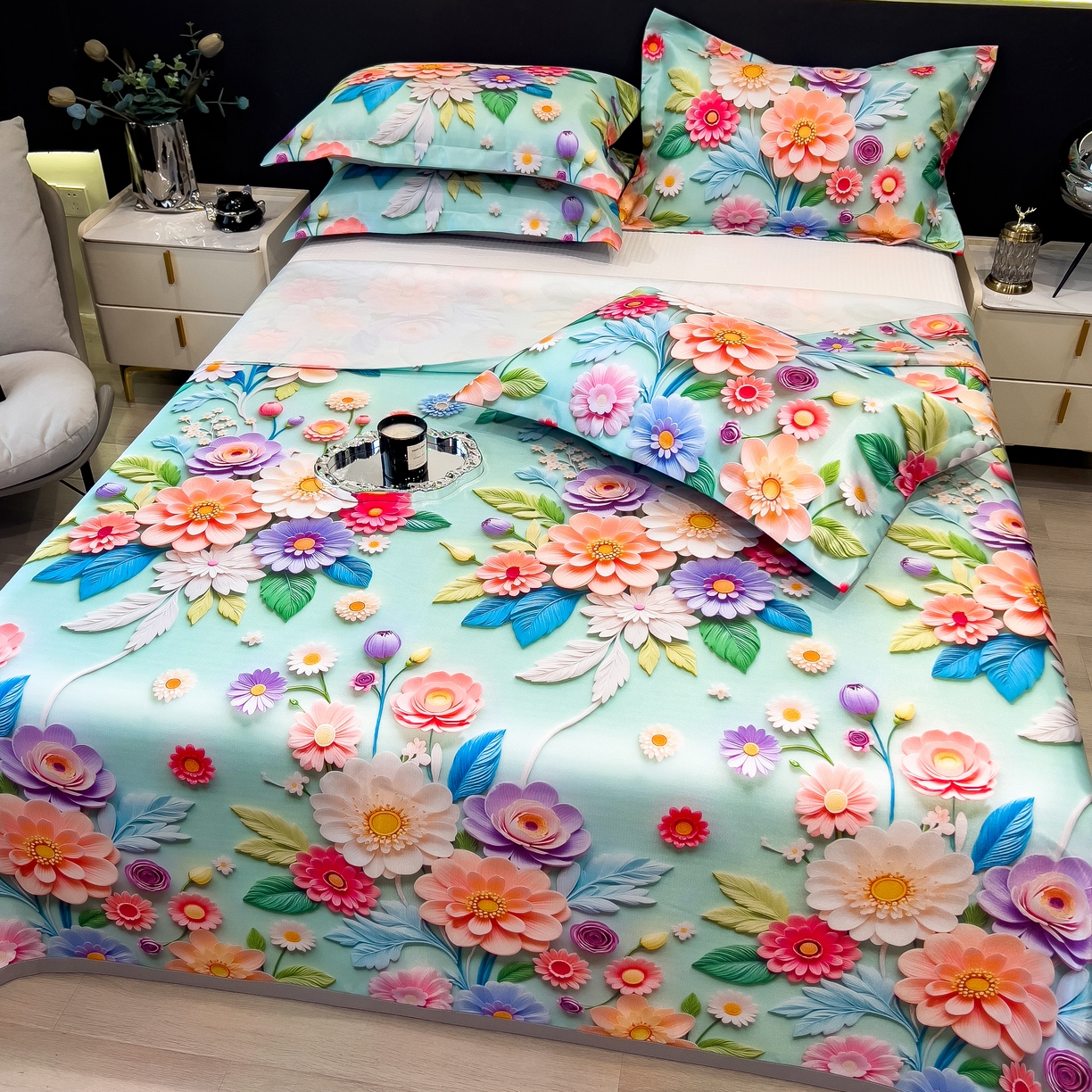 91家纺网 家纺一手货源 找家纺 许林 2026新款冰丝凉席床单款凉席三件套 春生物