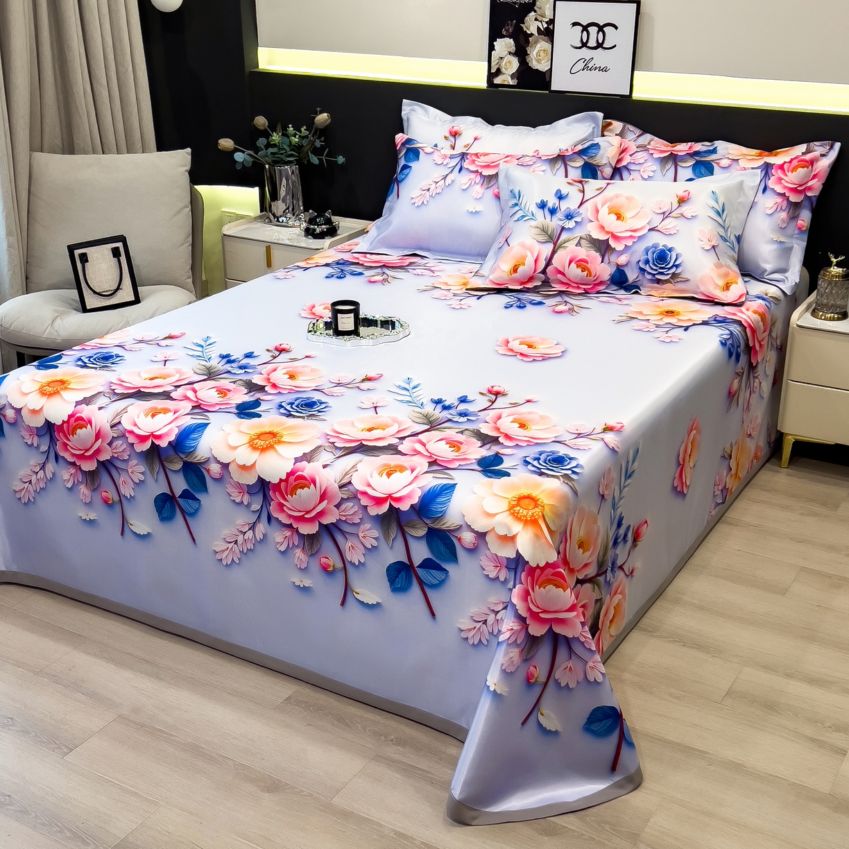 91家纺网 家纺一手货源 找家纺 许林 2026新款冰丝凉席床单款凉席三件套 朵真