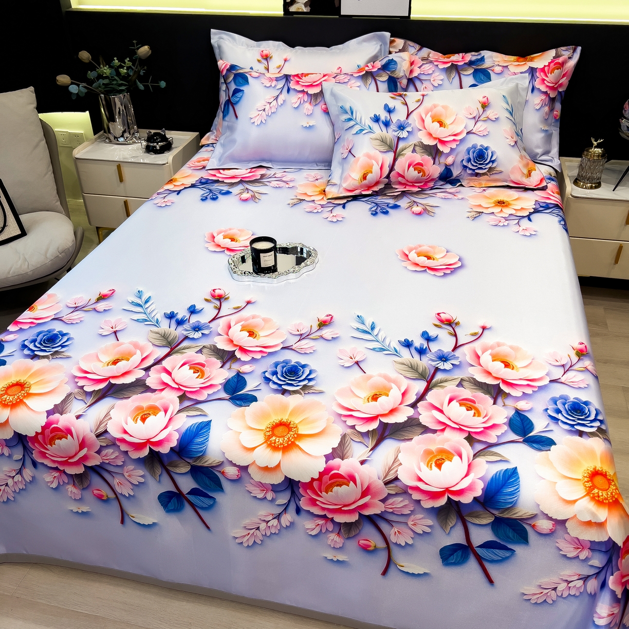 91家纺网 家纺一手货源 找家纺 许林 2026新款冰丝凉席床单款凉席三件套 朵真