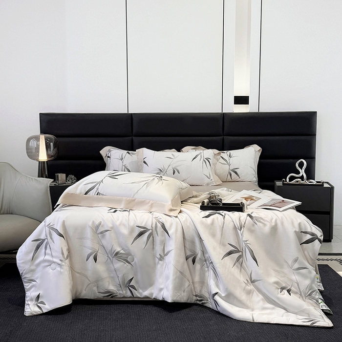 91家纺网 家纺一手货源 找家纺 宜家坊 2026春夏新款莱赛尔天丝夏被嵌绳款数码印花单夏被夏被四件套 轻蔓竹