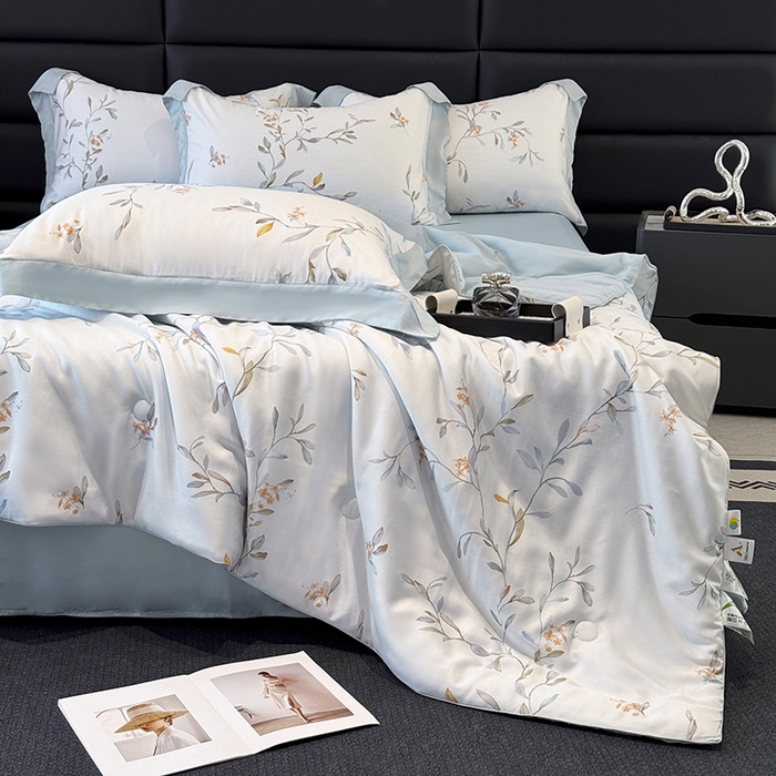 91家纺网 家纺一手货源 找家纺 宜家坊 2026春夏新款莱赛尔天丝夏被嵌绳款数码印花单夏被夏被四件套 清雅