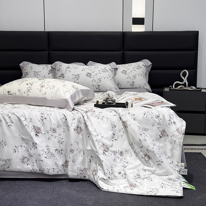 91家纺网 家纺一手货源 找家纺 宜家坊 2026春夏新款莱赛尔天丝夏被嵌绳款数码印花单夏被夏被四件套 情依