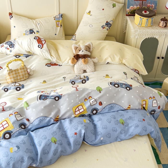 91家纺网 家纺一手货源 找家纺 金丝鸟家纺 2026新款全棉纯棉斜纹特价款四件套 车车环游记