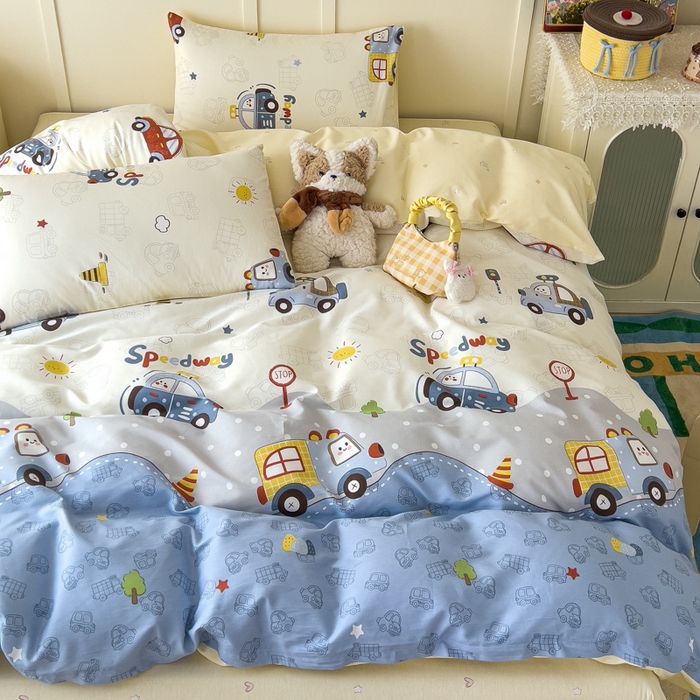 91家纺网 家纺一手货源 找家纺 金丝鸟家纺 2026新款全棉纯棉斜纹特价款四件套 车车环游记