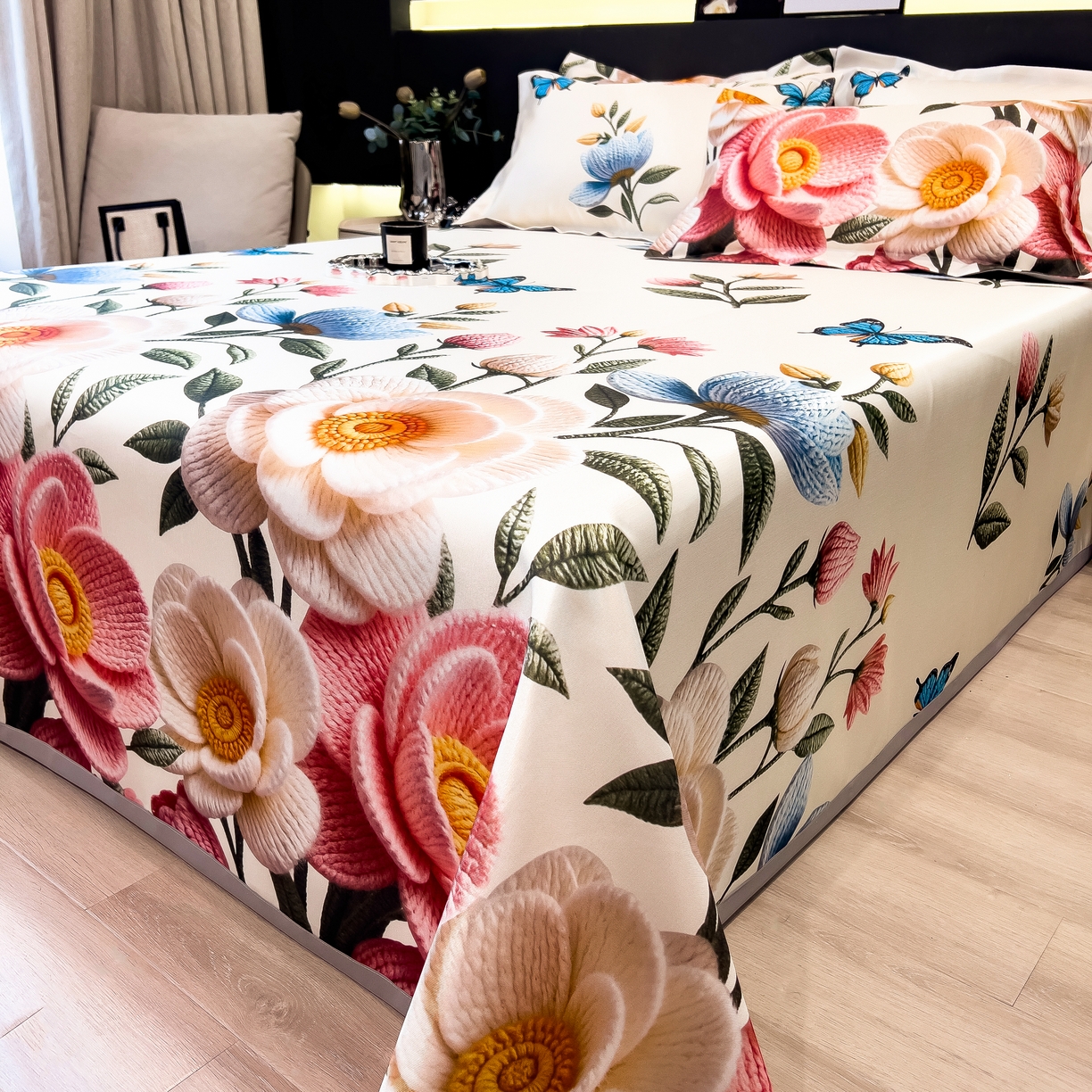 91家纺网 家纺一手货源 找家纺 许林 2026新款冰丝凉席床单款凉席三件套 橘月