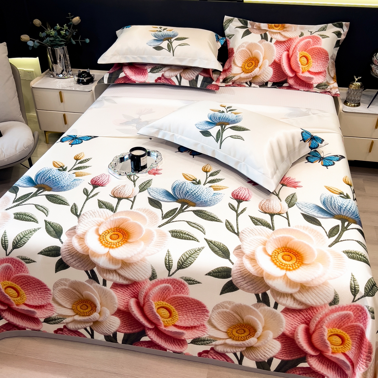 91家纺网 家纺一手货源 找家纺 许林 2026新款冰丝凉席床单款凉席三件套 橘月