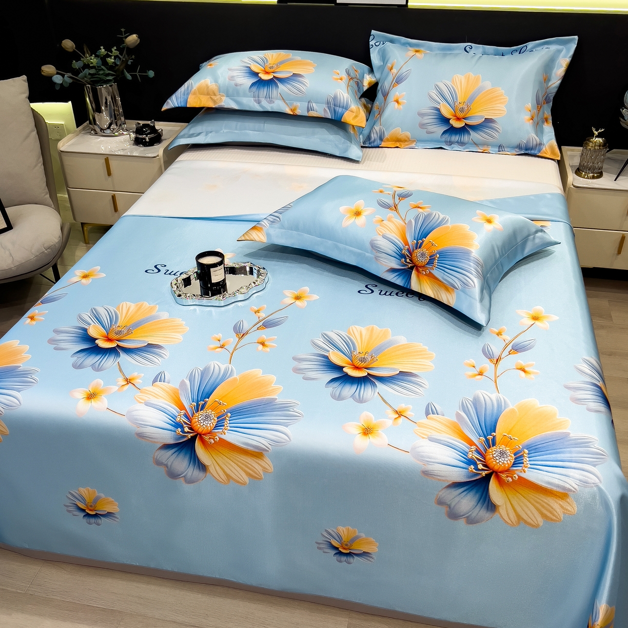 91家纺网 家纺一手货源 找家纺 许林 2026新款冰丝凉席床单款凉席三件套 麦秋