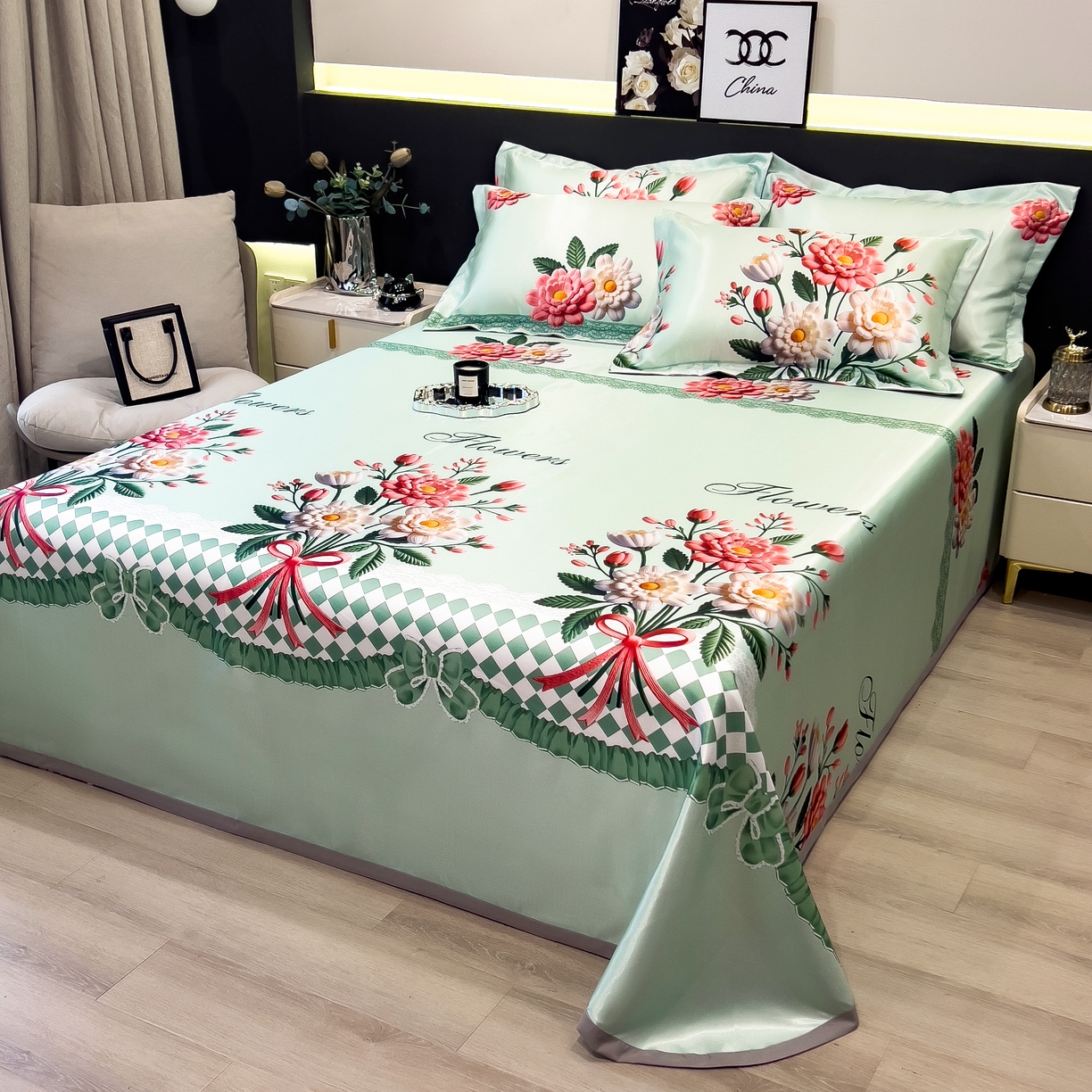 91家纺网 家纺一手货源 找家纺 许林 2026新款冰丝凉席床单款凉席三件套 晴溪